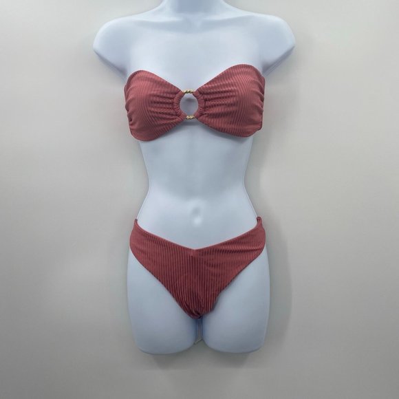 ONIA 2-PIECE BIKINI SWIM SUIT SHIMMER RIB DUSTY ROSE WOMENS M/L - Picture 1 of 8